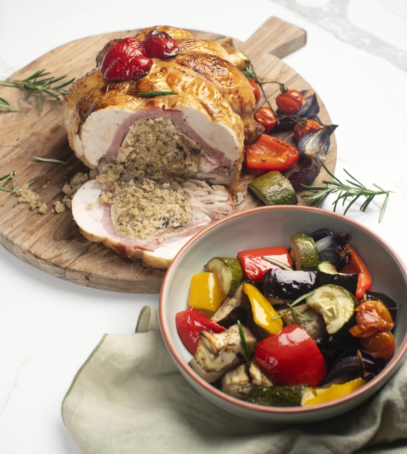 Oven Ready Chicken & Ham, Chicken & Heritage Ham Roast, Chicken with Stuffing Roast, Easy to Cook Sunday Roast, Easy to Cook Mother's Day Meal, James Whelan Butchers Chicken Cushion